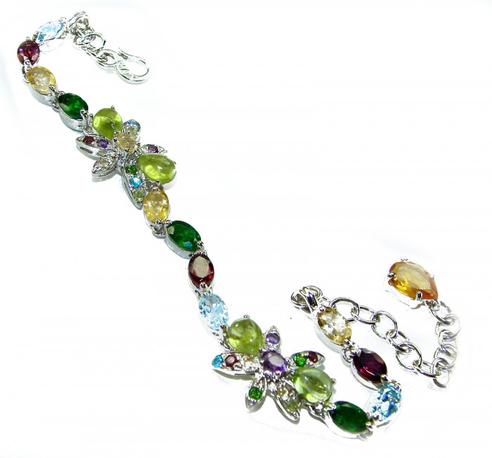 Spectacular 19.5 carat authentic Multistone .925 Sterling Silver handmade Bracelet - Multistone sterling silver bracelet, top view, showcasing colorful gems
