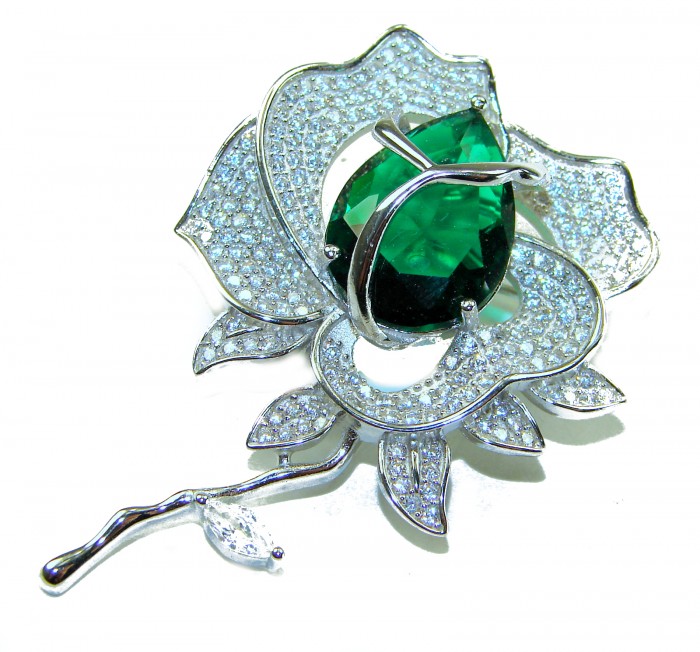 Retro Style - Precious Rose Genuine 12.5 carat Colombian Emerald .925 Sterling Silver handmade Pendant - Brooch - Vintage rose brooch with emerald and diamonds, front view.