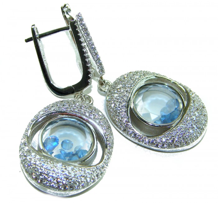 Floating Memories 11.5 carat Sapphire .925 Sterling Silver Handcrafted Statement earrings - Close-up of Floating Memories sapphire sterling silver earrings