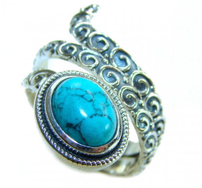 Serenity - 7.5 carat genuine Turquoise .925 Sterling Silver Ring size 6 - Close-up of Serenity ring with turquoise and silver swirl design.