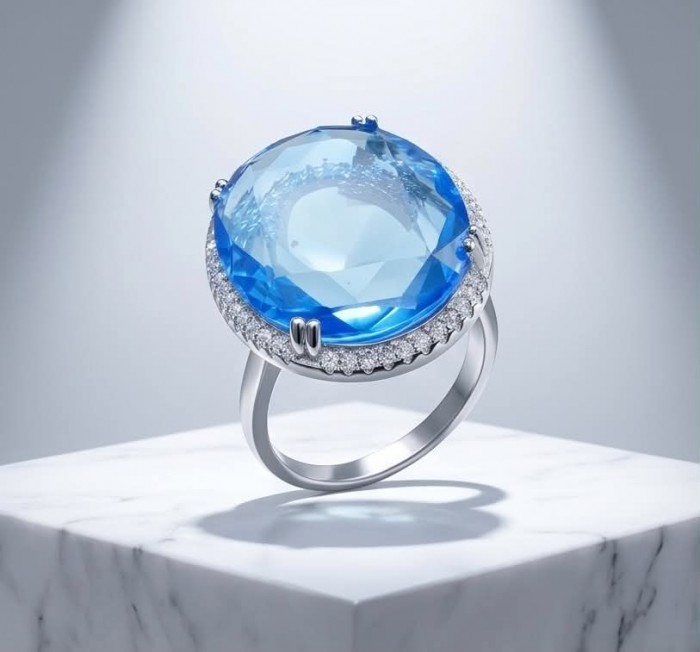 Eau Pure 14.5 carat Swiss Blue Topaz .925 Sterling Silver Handcrafted Statement Ring size 8 - Close-up of Swiss Blue Topaz ring on marble display, side view.