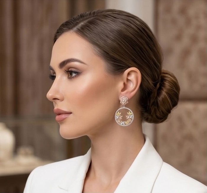 Black Label Collection - Floral design - Natural White Topaz 22K Gold over .925 Sterling Silver handmade 3 tones earrings - Side view of woman wearing floral White Topaz earrings