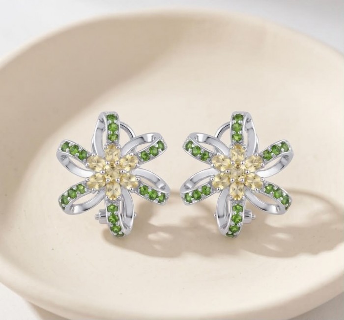 Wise Bliss Authentic 8.5 carat Chrome Diopside rhodium over .925 Sterling Silver handmade earrings - Chrome diopside earrings front view on a neutral dish.
