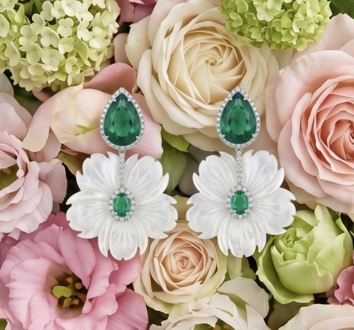 Summer Flowers Blister Pearl Blue Topaz 14K Gold over .925 Sterling Silver handcrafted Earrings - Front view of earrings with green gemstones on a floral background.