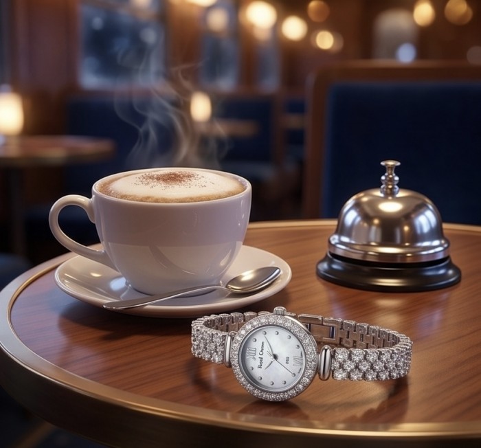 Precious 118.8 carat White Topaz .925 Sterling Silver handmade Bracelet - Watch - Elegant watch on table with coffee and bell, showcasing topaz detail.