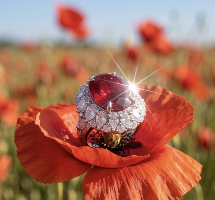 Scarlett 22.7 ctw Mozambique Ruby .925 Sterling Silver dipped in 18K WHITE Gold handcrafted Statement Ring size 5 - Close-up of Scarlett ruby ring on a poppy flower, sparkling in sunlight.