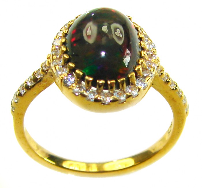 A COSMIC POWER Genuine 5.2 carat Black Opal 18K Gold over .925 Sterling Silver handmade Ring size 6 - Black opal ring in 18K gold, side view showing stone and diamonds.