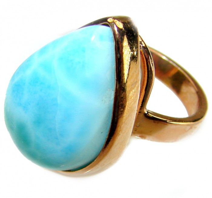 Blue Perfection AAA QUALITY Blue Larimar 18K Rose Gold over .925 Sterling Silver handmade Large ring size 7 adjustable - Close-up of blue Larimar ring with 18K rose gold setting