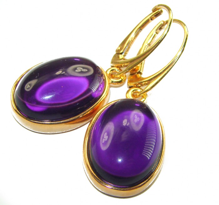 Lavender Fields 10.2 carat Amethyst 14K Gold over .925 Sterling Silver handcrafted earrings - Purple amethyst earrings with 14K gold, close-up view.