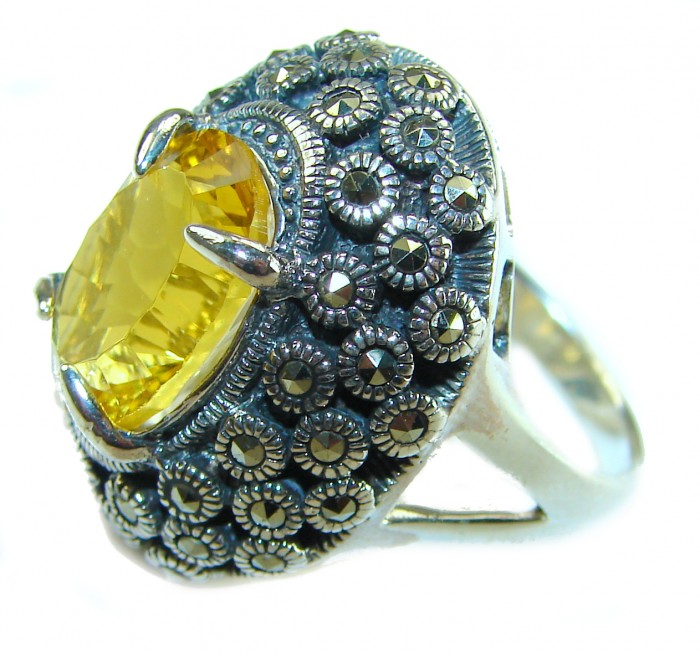 Golden Royalty 14.5 carat Citrine Marcasite .925 Sterling Silver Handcrafted Huge Ring size 8 - Side view of Golden Royalty 14.5 carat Citrine Marcasite Sterling Ring