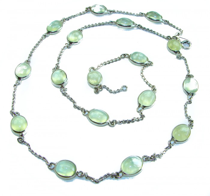 New Universe - Genuine Moss Prehnite .925 Sterling Silver handmade 26 inches long necklace - Sterling silver necklace with moss prehnite, coiled display angle.