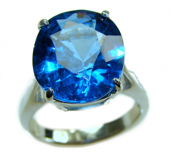 Pacifica 12.5 carat authentic Swiss Blue Topaz .925 Sterling Silver handmade Statement Ring size 5 3/4 - Swiss Blue Topaz ring, close-up, silver band with prong setting.