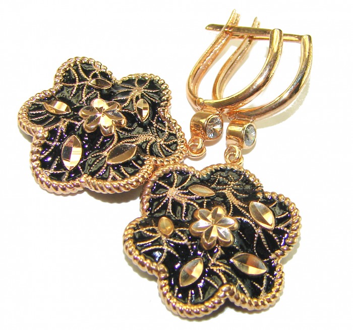 Dubai Style - Golden Flowers black enamel .925 Sterling Silver dipped in 22K Rose Gold handmade Earrings - Golden flower earrings, black enamel, top view, clasp detail visible