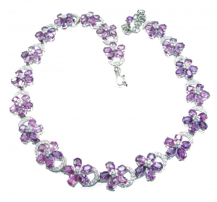 Precious Spring Flowers genuine 179.5 carat Amethyst rhodium over .925 Sterling Silver handcrafted Necklace - Amethyst flower necklace, top view, with detailed clasp.