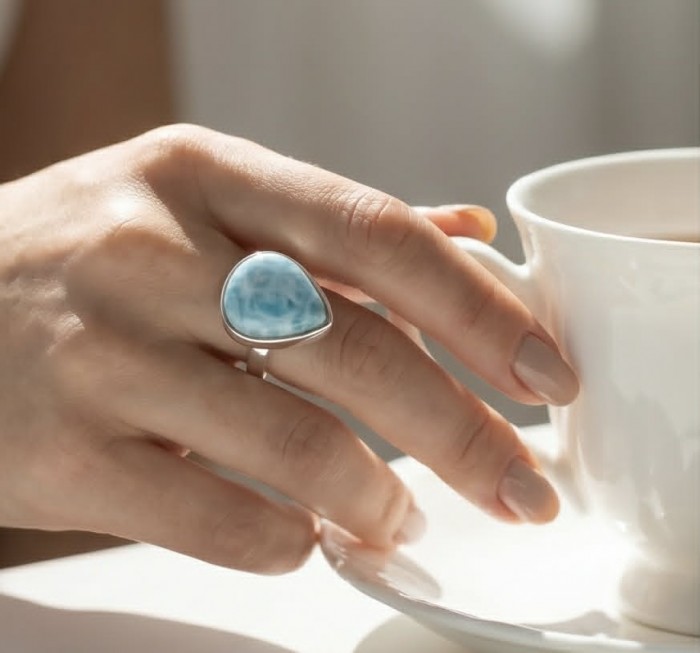 Rare and Spectacular 2259 carat authentic Andean (Peruvian) Blue Opal .925 Sterling Silver Handcrafted Ring size 8 - Blue stone ring worn on hand holding a teacup.