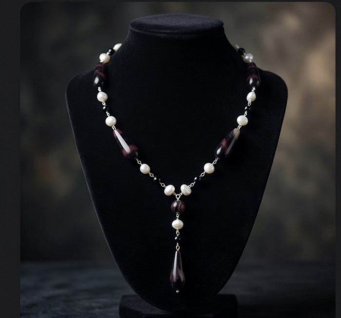 Black and White 26 inches authentic Onyx Pearl .925 Sterling Silver handmade Station Necklace - Elegant onyx and pearl necklace displayed on black bust front view