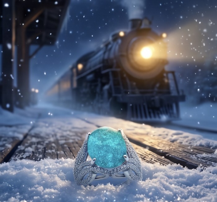 Oceania 14.5 carat Paraiba Tourmaline .925 Sterling Silver Handcrafted Ring size 9 - Glowing Paraiba Tourmaline ring in snow with train background, front view.