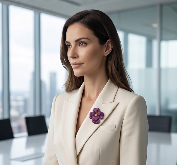 Black Label Collection - Retro Style - Rose Genuine 40.5 carat Ruby 2 tones .925 Sterling Silver dipped in black rhodium handmade Pendant - Brooch - Side view of woman wearing Black Label Collection rose brooch.