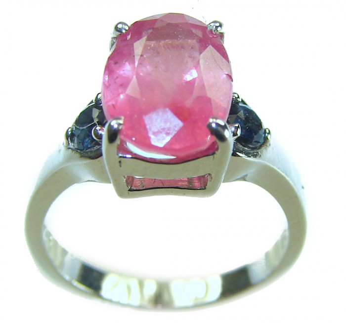 Crimson Fire 4.8 carat Authentic Ruby .925 Sterling Silver Handcrafted Ring size 5 - Close-up of Crimson Fire 4.8 carat ruby ring in sterling silver, side view.