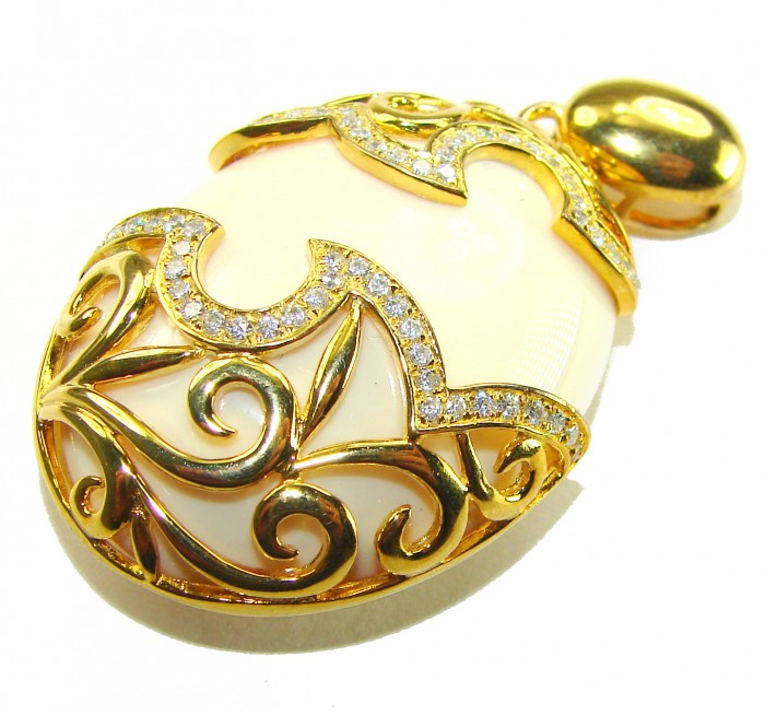 Rare finding! Perfect quality White Jade 14K Gold over .925 Sterling Silver handmade Pendant - Ornate white jade pendant with 14K gold filigree and diamond accents