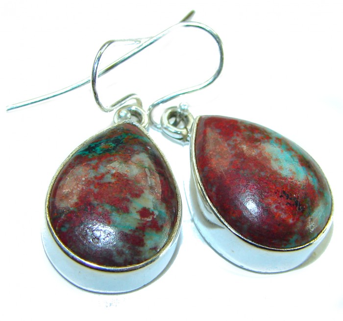 Natural Sonora Jasper Sterling Silver handcrafted Earrings - Sonora Jasper Earrings close-up, teardrop shape in sterling silver setting.
