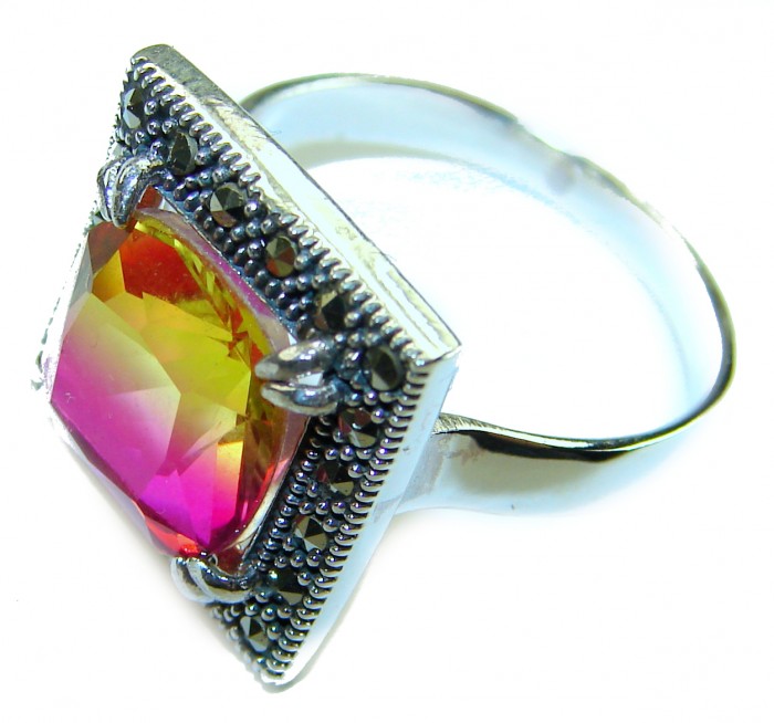 7.5 carat Ametrine Marcasite .925 Sterling Silver HANDCRAFTED Ring s. 8 - Close-up of Ametrine Marcasite Sterling Silver ring, side view.