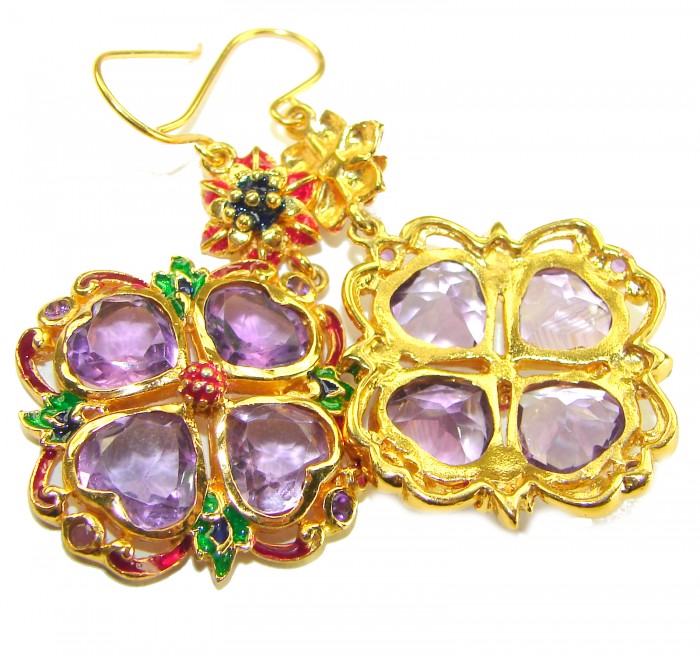 Esmeralda - Very Unique African Amethyst Enamel 18K Gold over .925 Sterling Silver handcrafted earrings - Unique African Amethyst earrings, enamel 18K gold, close-up view.