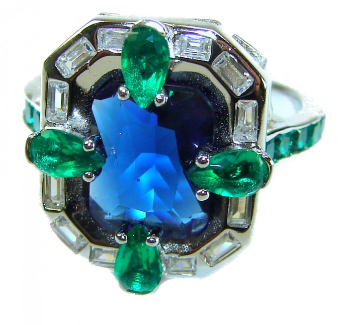 Art Deco 8.6 ctw Sapphire Emerald .925 Sterling Silver handcrafted Statement Ring size 8 - Close-up of Art Deco ring with sapphire and emerald stones.