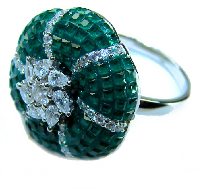 Gabriella 15.2 carat authentic Emerald rhodium over .925 Sterling Silver handcrafted Statement Ring size 6 - Stone close-up of Gabriella 15.2 carat emerald ring in rhodium over silver.