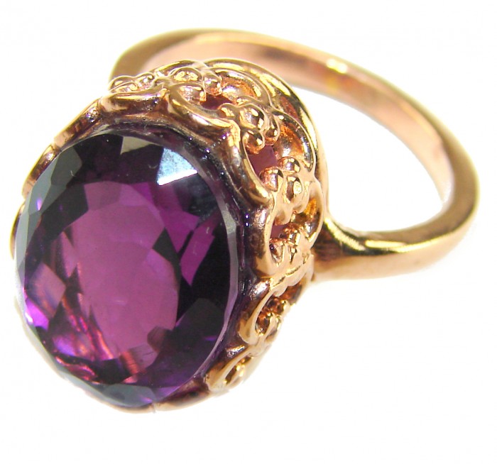 Purple Odyssey 9.5 carat natural Purple Amethyst 18K Gold over .925 Sterling Silver Handcrafted Ring size 8 3/4 - Close-up of Purple Amethyst ring in 18K gold setting.