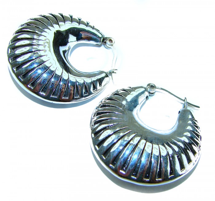 Highly Polished Fancy Modern design .925 Sterling Silver Italy made Earrings - Sterling silver earrings, side view, modern design with polished finish.