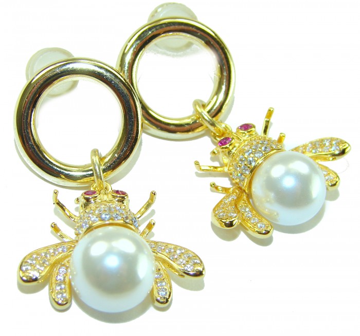 Precious Bees Genuine Pearl 14K Gold Gold over .925 Sterling Silver handcrafted Statement Earrings - Close-up of bee earrings with pearls and gold detailing.