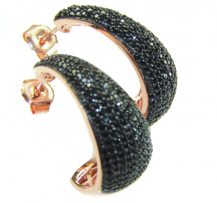 My Passion Authentic Black Diamond 22K Rose Gold over .925 Sterling Silver handcrafted earrings - Black diamond hoops in 22K rose gold, side view close-up.