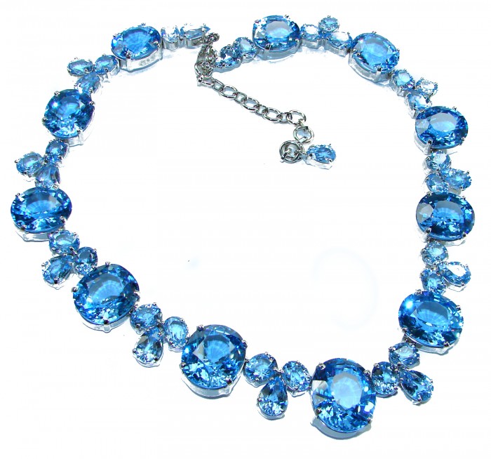 Pure Serenity 225.5 carat genuine Swiss Blue Topaz .925 Sterling Silver handmade Large Statement Necklace; 132.95 grams - Necklace with 225.5 ct Swiss Blue Topaz stones on white background.