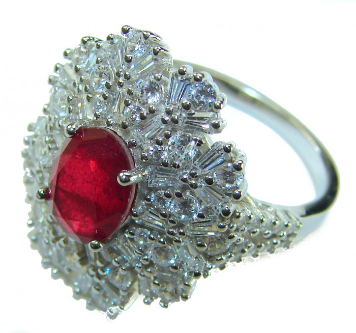 Stella - 4.2 carat Kashmir Ruby .925 Sterling Silver dipped in Rhodium handcrafted incredible ring s. 8 - Close-up of Stella 4.2 ct Kashmir Ruby ring in .925 sterling silver.