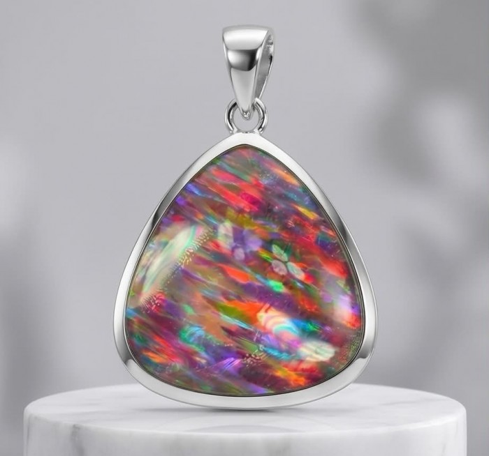 Kaleidopscop 19.5 carat Australian Doublet Opal .925 Sterling Silver handcrafted pendant - Close-up of Kaleidoscope 19.5 carat Australian Doublet Opal pendant.