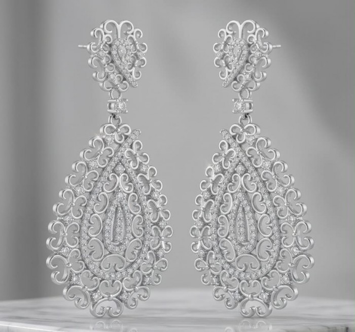 Veronica - Precious 9.5 carat White Topaz rhodium over .925 Sterling Silver .925 Sterling Silver Statement earrings - Topaz earrings front view on a marble surface.
