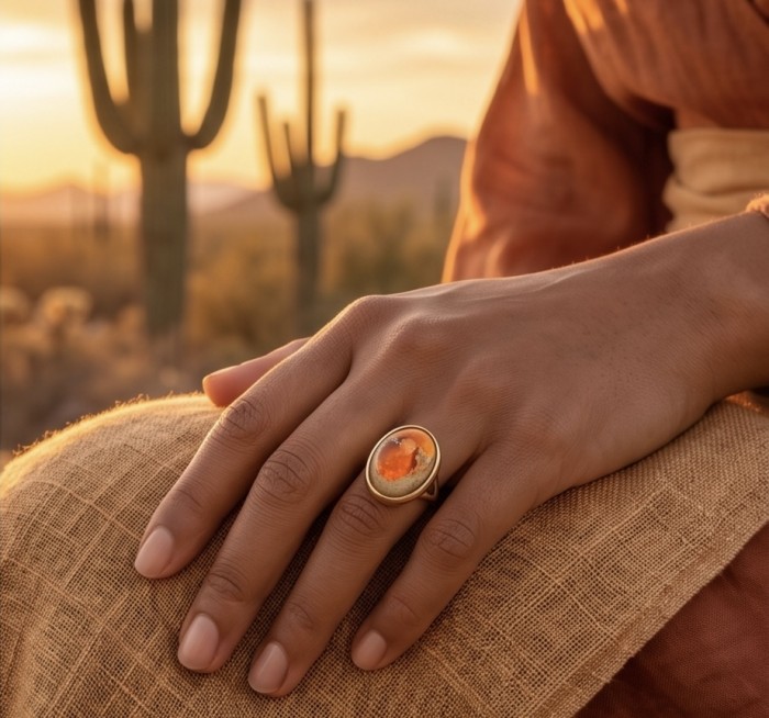Western Beauty Genuine 24.2 carat Mexican Opal 22K Gold over .925 Sterling Silver handmade Ring size 8 1/4 - Mexican Opal 22K Gold ring worn on hand, desert background.