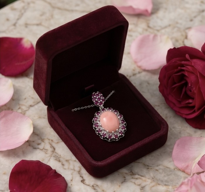 Spectacular 5.2 carat Australian Pink Opal .925 Sterling Silver handmade Pendant - Pink opal pendant with gemstones in velvet box surrounded by rose petals.