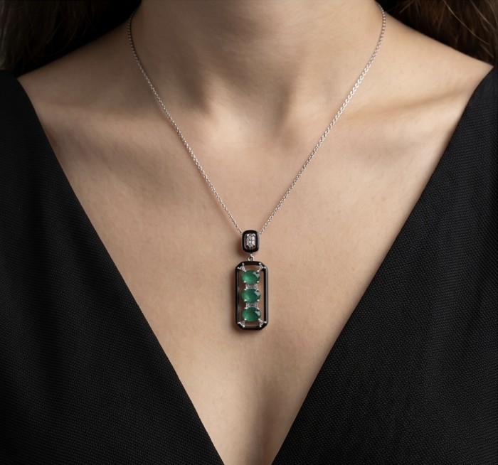 Art Deco 9.5 carat Emerald black enamel .925 Sterling Silver handmade Pendant - Emerald Art Deco necklace worn on neck, front view