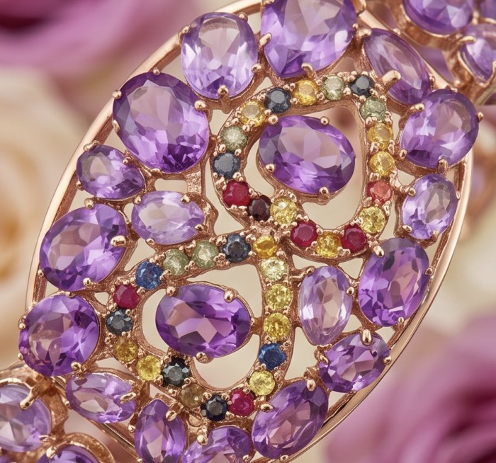 The Legend Authentic 71.2 carat Amethyst from Uruguay 18K Rose Gold over .925 Sterling Silver handmade Bracelet - Close-up of amethyst bracelet with colorful gemstone accents.