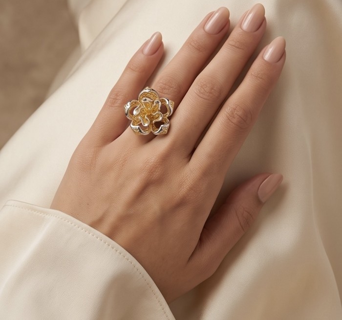 GOLDEN ROSE- Dubai Style - .925 Sterling Silver dipped in 22K Gold handmade Large ring size 7 - Golden rose ring on hand, Dubai style, 22k gold plated silver.