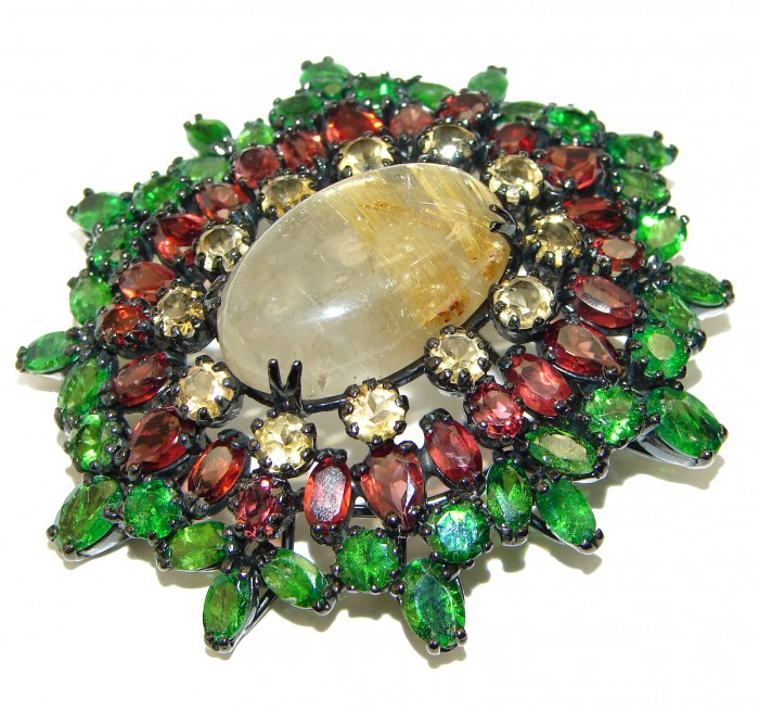 Genuine Golden Rutilated Quartz black rhodium over .925 Sterling Silver handmade Pendant - Brooch - photo 2
