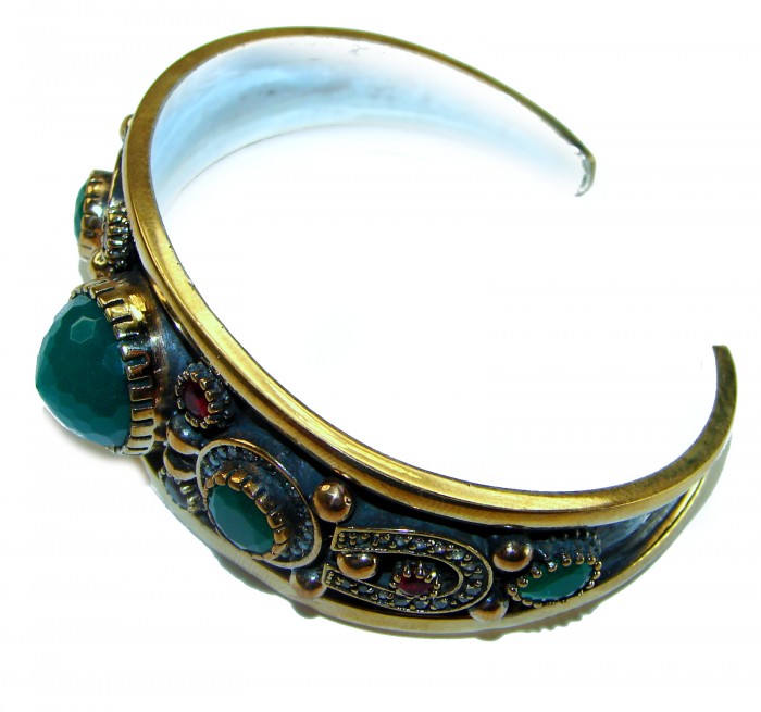 Victorian Style 22.5 carat Emerald Ruby & White Topaz .925 Sterling Silver Bracelet / Cuff - Side view of Victorian style bracelet with emerald and ruby stones.