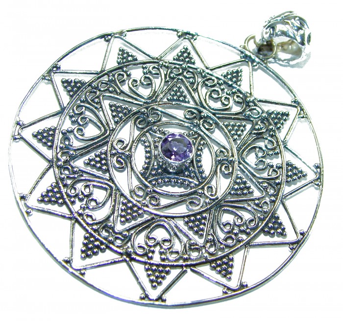 Vintage Design 12.4 CARAT Amethyst 18K Gold over .925 Sterling Silver handcrafted Pendant - Close-up of vintage amethyst pendant with intricate design and gemstone.
