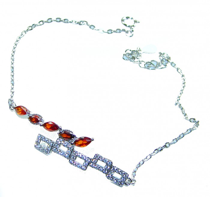 Solid authentic 5.5 CARAT GARNET .925 Sterling Silver handcrafted bracelet - Silver necklace with garnet stones and diamond accents, side view.