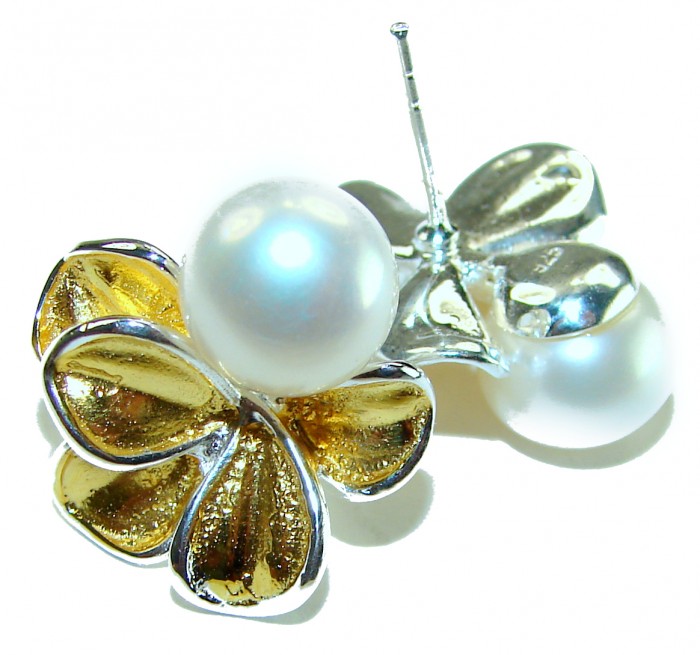 Genuine Pearl 14K Gold over .925 Sterling Silver handcrafted Statement Earrings - Pearl earrings with gold petals close-up, silver stud visible.