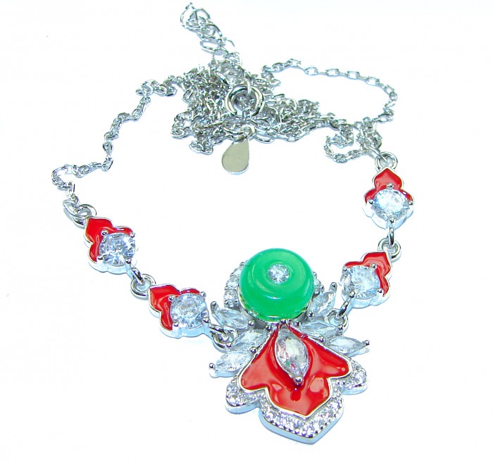 Purity and Harmony Precious genuine 6.5 carat Jade .925 Sterling Silver handcrafted Necklace - Colorful jade necklace top view with red and silver accents