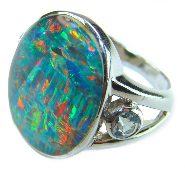 Endless Ocean Genuine 18.2 carat Australian Opal .925 Sterling Silver handmade Ring size 6 - Close-up of Endless Ocean 18.2 carat Australian Opal ring in .925 silver