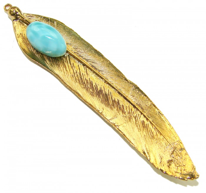 Natural Leaf Larimar 14K Gold over .925 Sterling Silver handmade - Gold feather pendant with turquoise stone, top view.